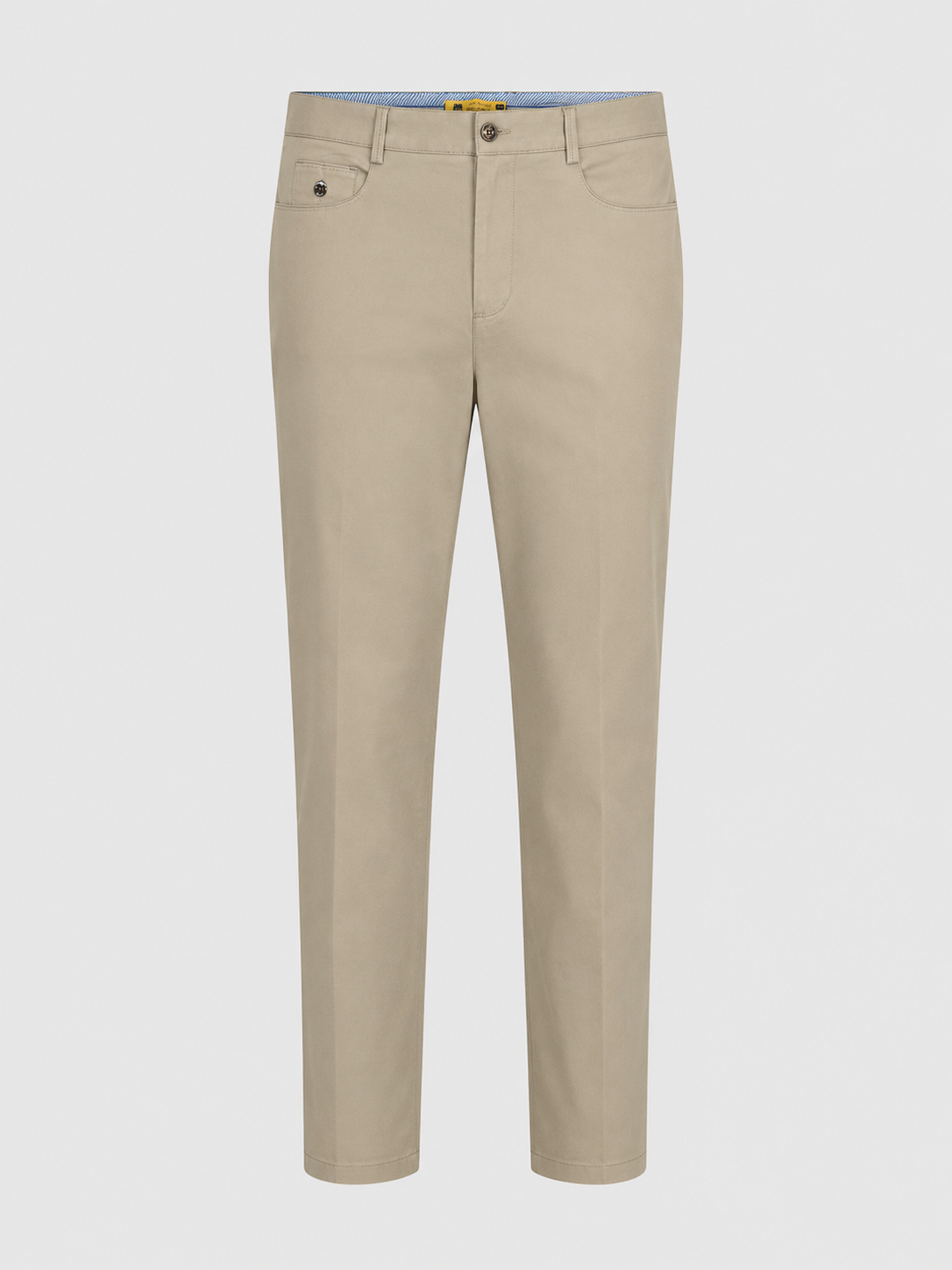 A pair of beige slim-fit chino pants shown flat against a light gray background.