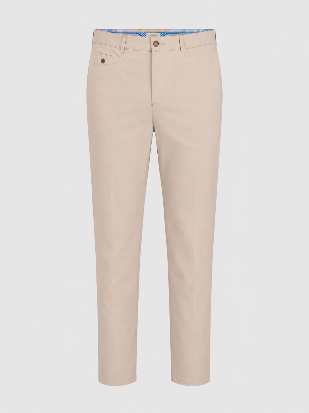Beige slim-fit chino pants shown flat against a light gray background.