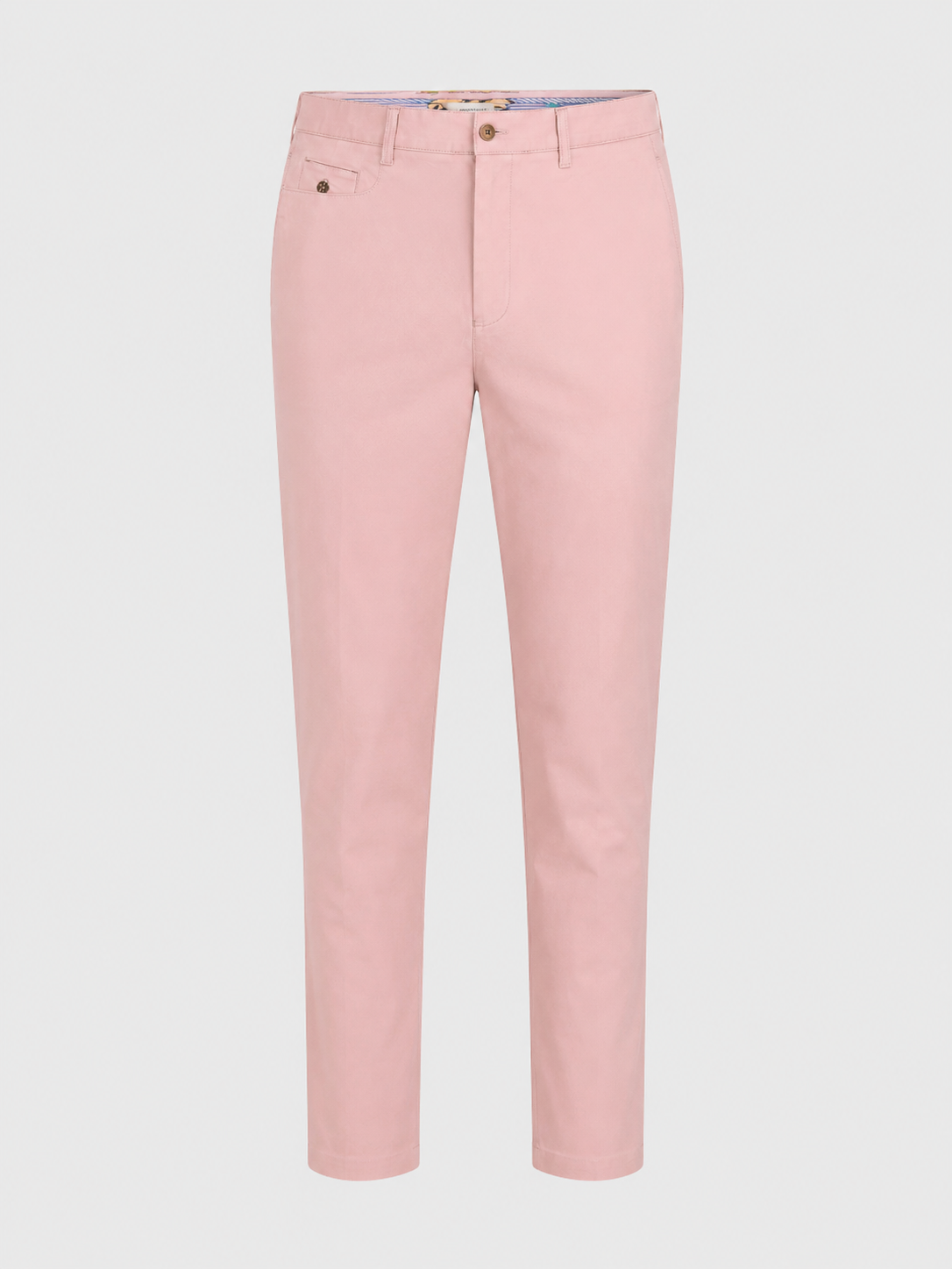 A pair of light pink slim-fit trousers shown flat against a light gray background.