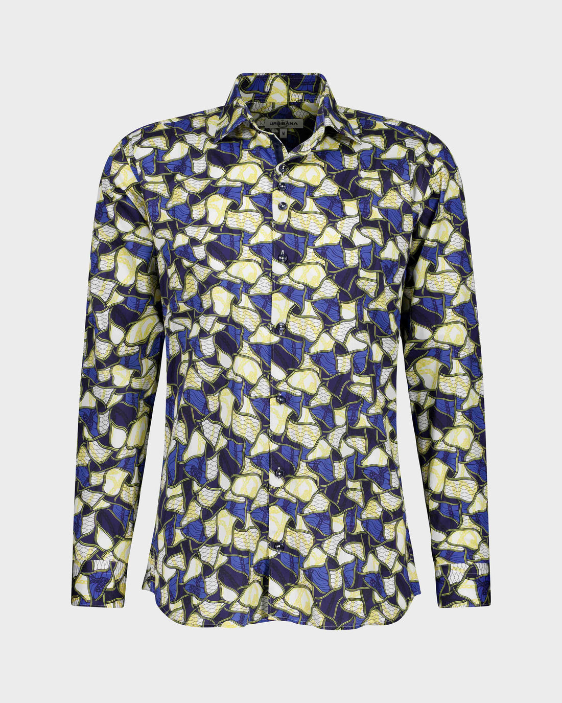 Art deco-inspired blue and yellow shirt