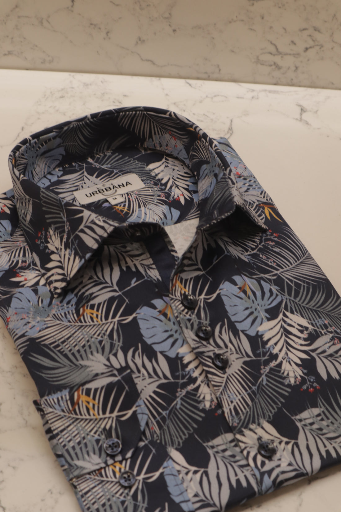 Navy Shirt with Palm Fronds and Yellow Floral Details – Tropical Men’s Fashion