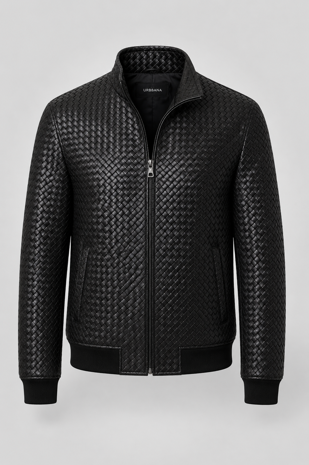 A black textured zip-up jacket with a woven basketweave pattern, featuring a stand collar, front zipper, and ribbed cuffs and hem, shown against a light gray background.