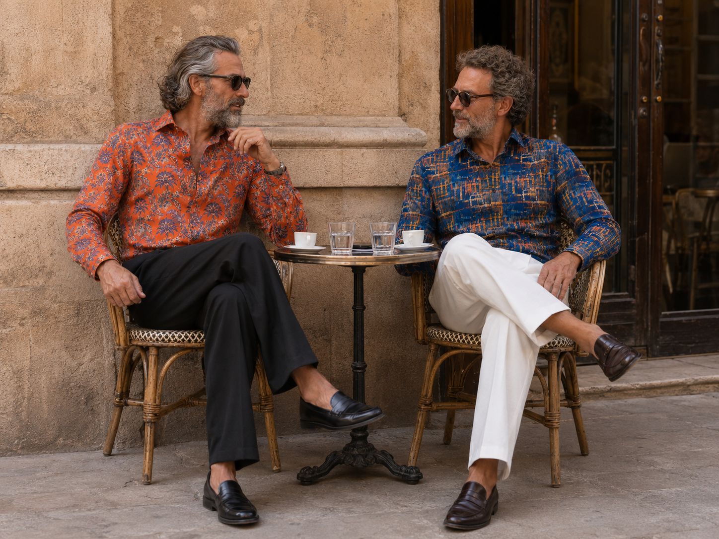 Two men sitting in rattan chairs at an outdoor cafe table, wearing patterned long-sleeve button-up shirts. The man on the left wears an orange and blue patterned shirt with black trousers, and the man on the right wears a blue and orange patterned shirt with white trousers.