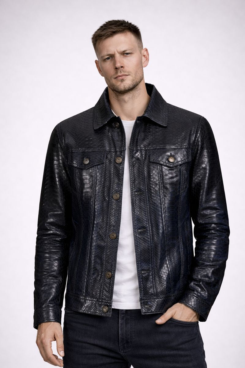 Man wearing a black leather jacket on a white background