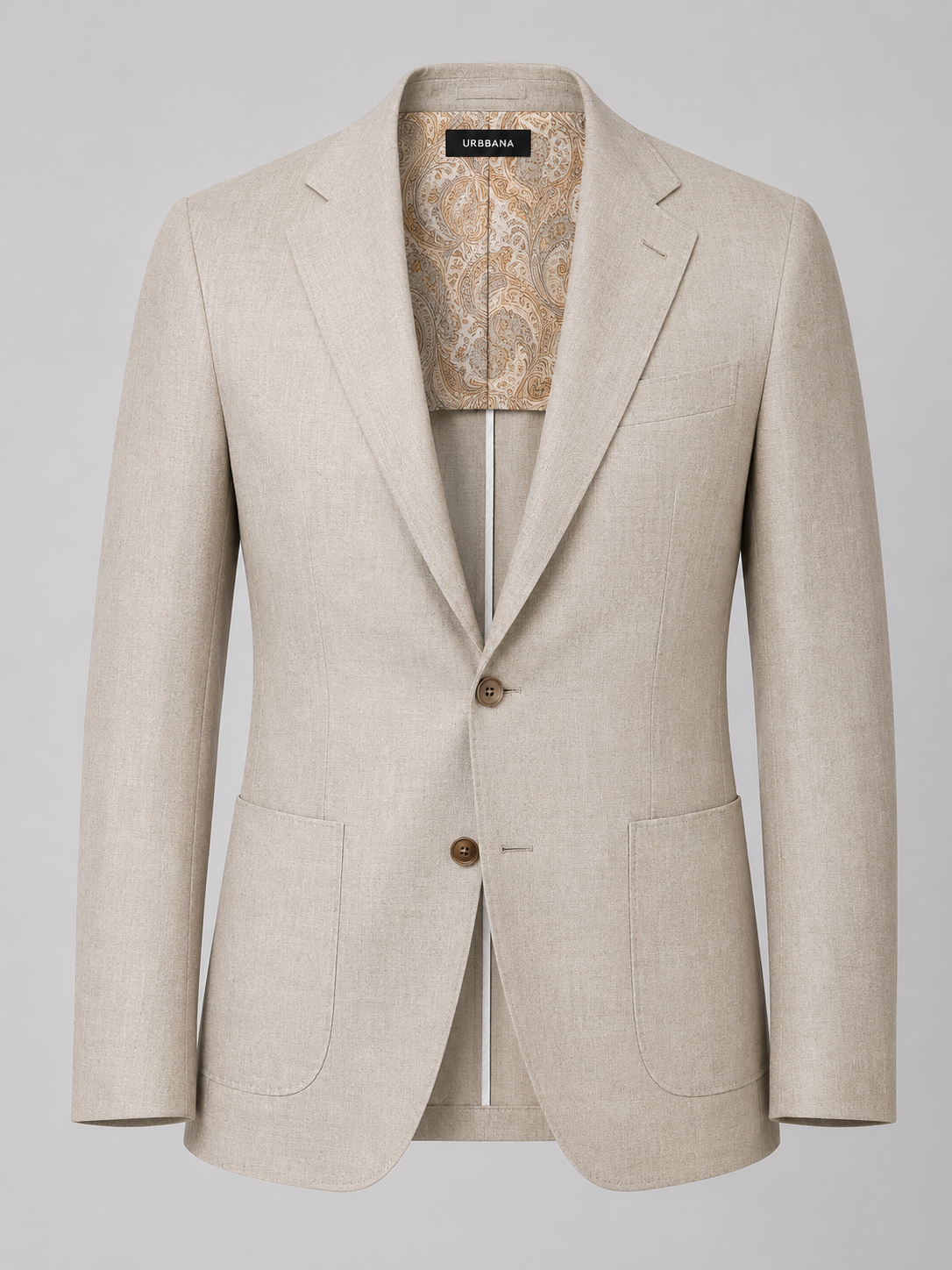 A light beige textured linen-blend blazer by Brunello Cucinelli, featuring notch lapels, two brown buttons, and a patterned lining visible inside the collar, set against a neutral gray background.