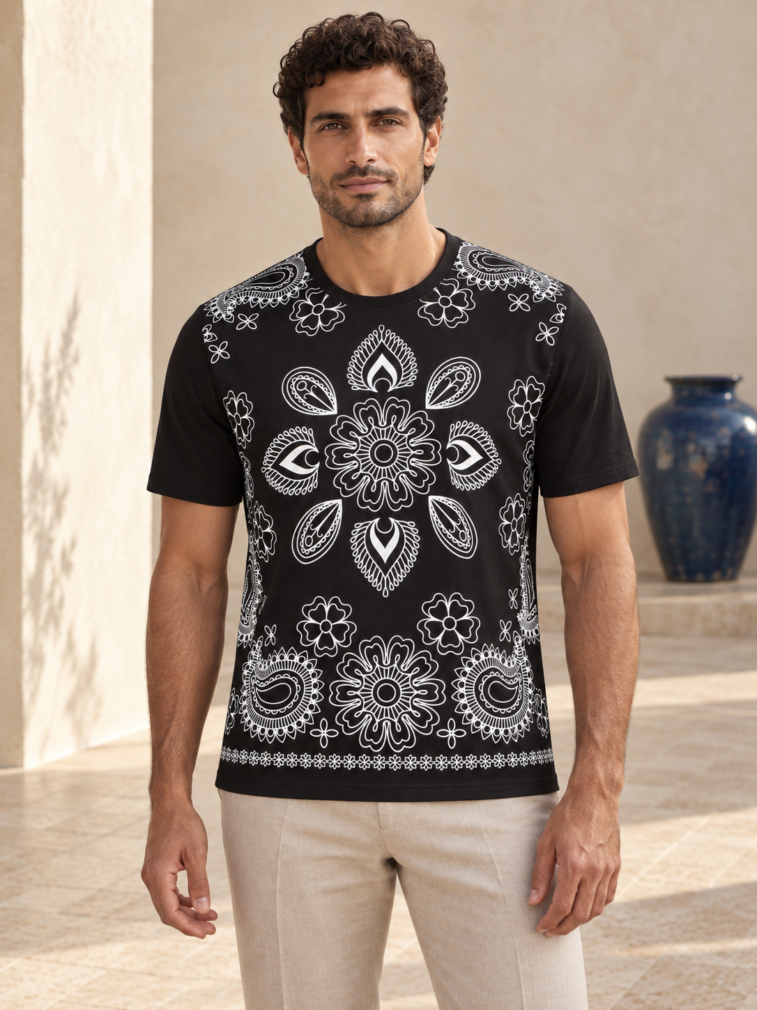 Model wearing Fine Cotton T-shirt with Paisley Graphic Design Black