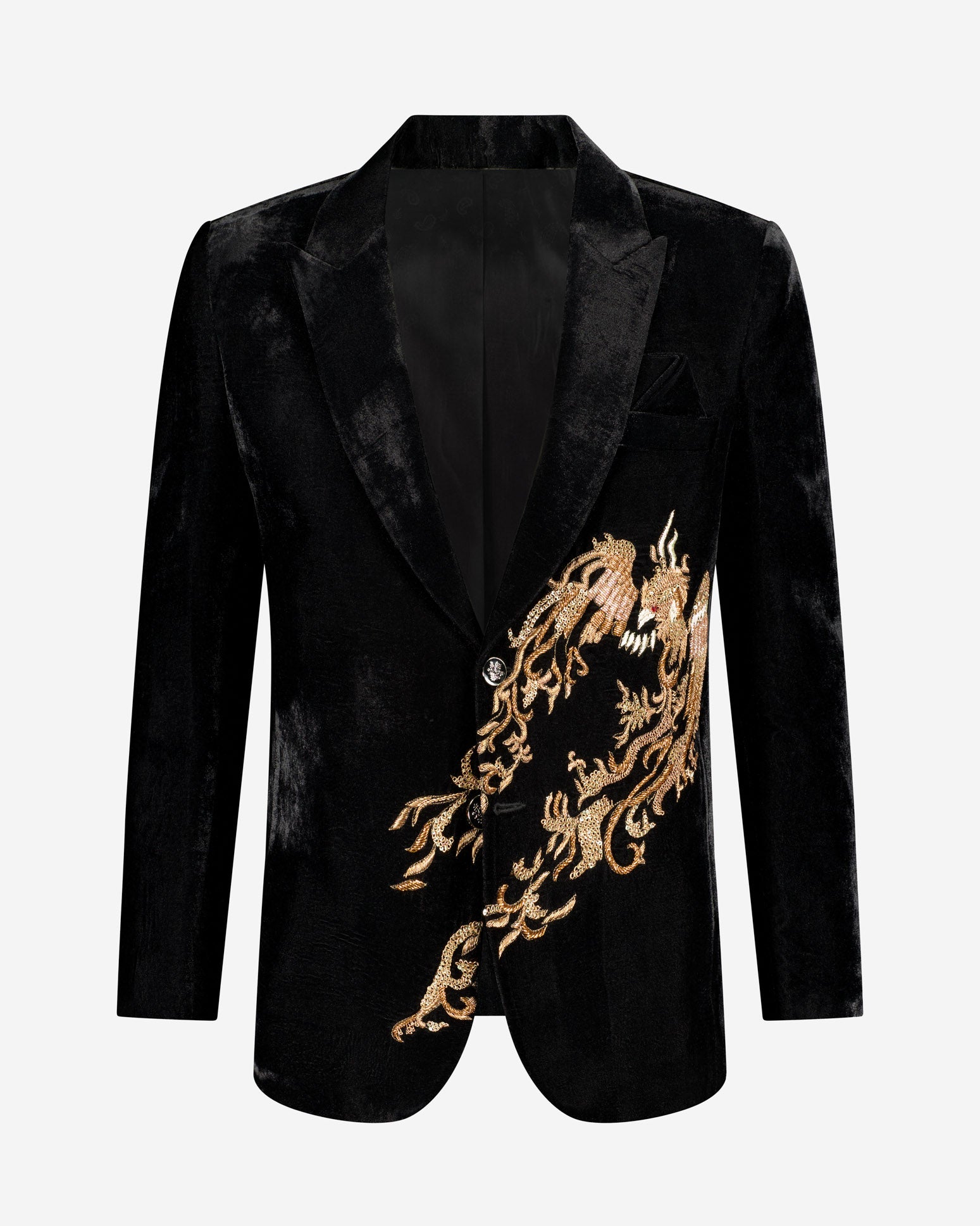 Phoenix Ceremony Jacket — luxurious jacquard jacket with intricate crystal‑beaded embroidery in rich tones, ideal for weddings and black‑tie events