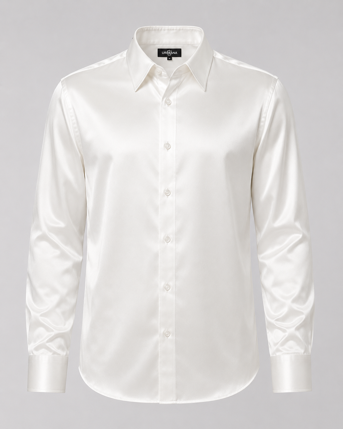A white long-sleeve button-down shirt with a classic collar, displayed on a neutral gray background.