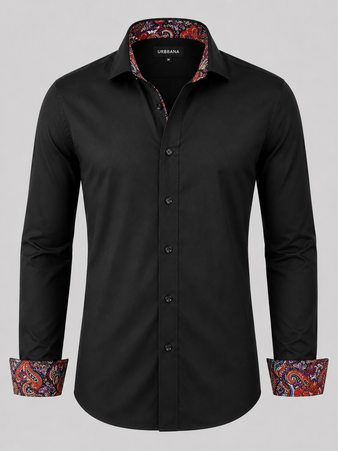 Black Dawson shirt with red and blue paisley collar and turned-back cuffs.