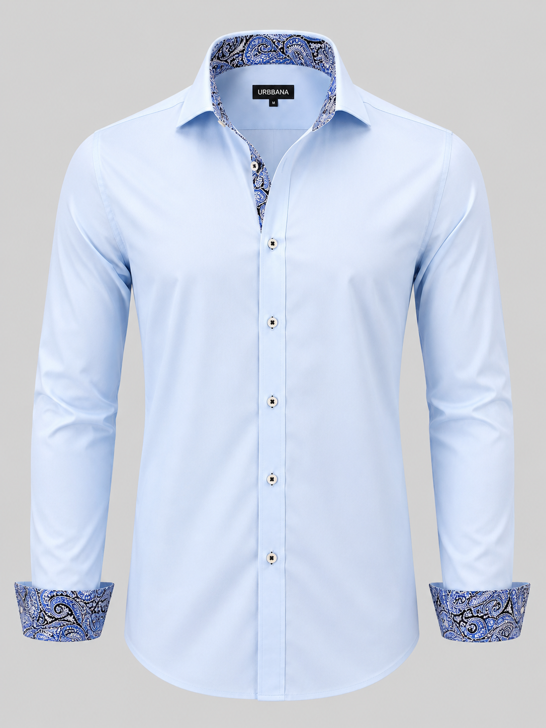 Light blue Dawson shirt with blue paisley collar and turned-back cuffs.