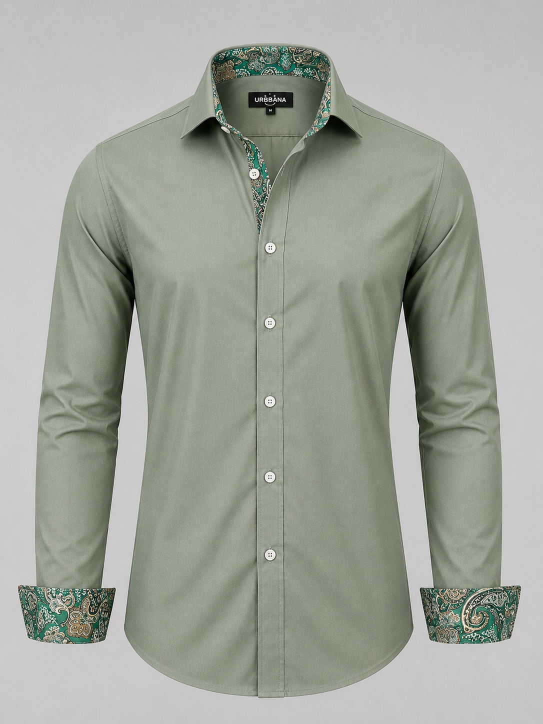 Pastel green Dawson shirt with green paisley collar and turned-back cuffs.