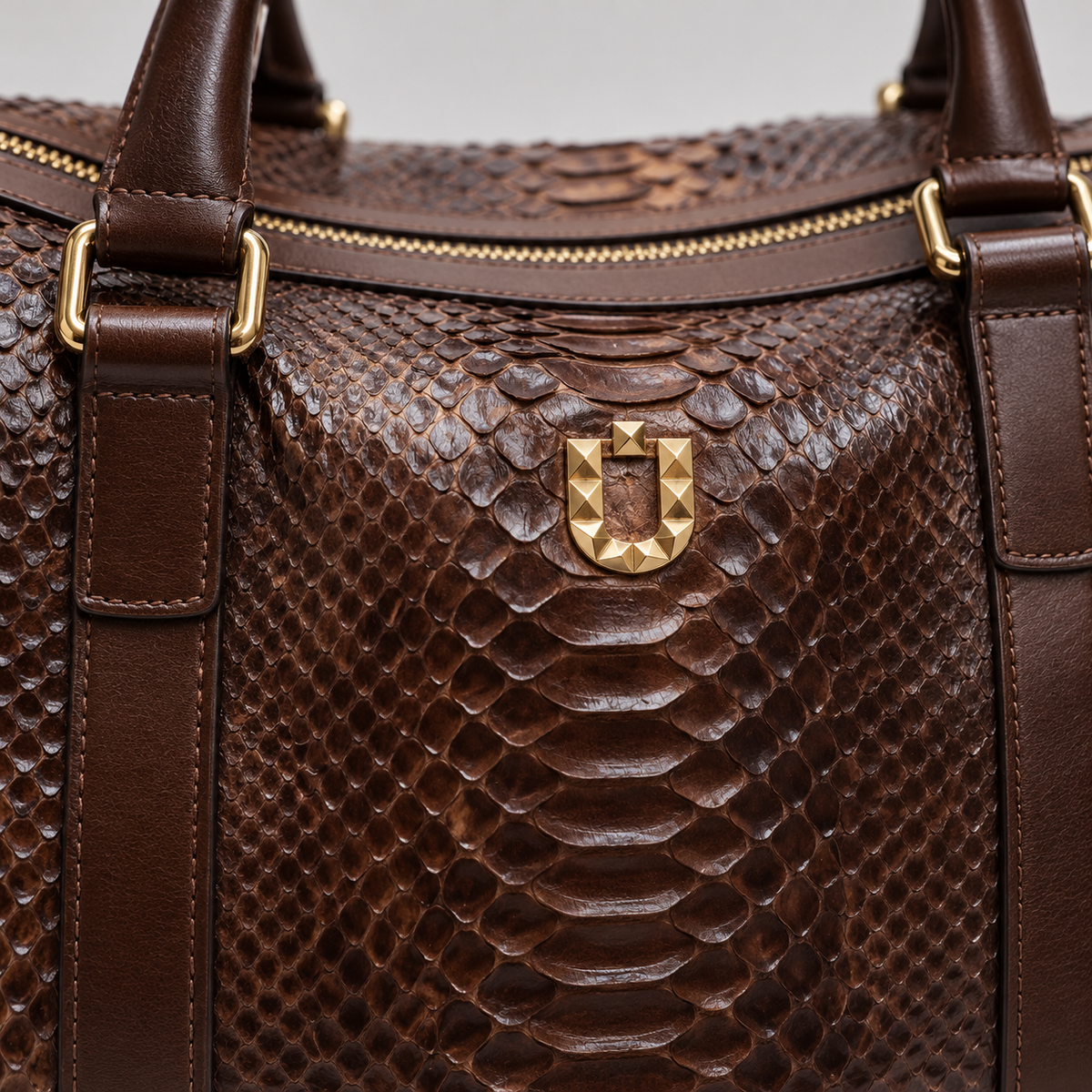 URBBANA Brown Nuno Python Duffel Bag, python texture detail.