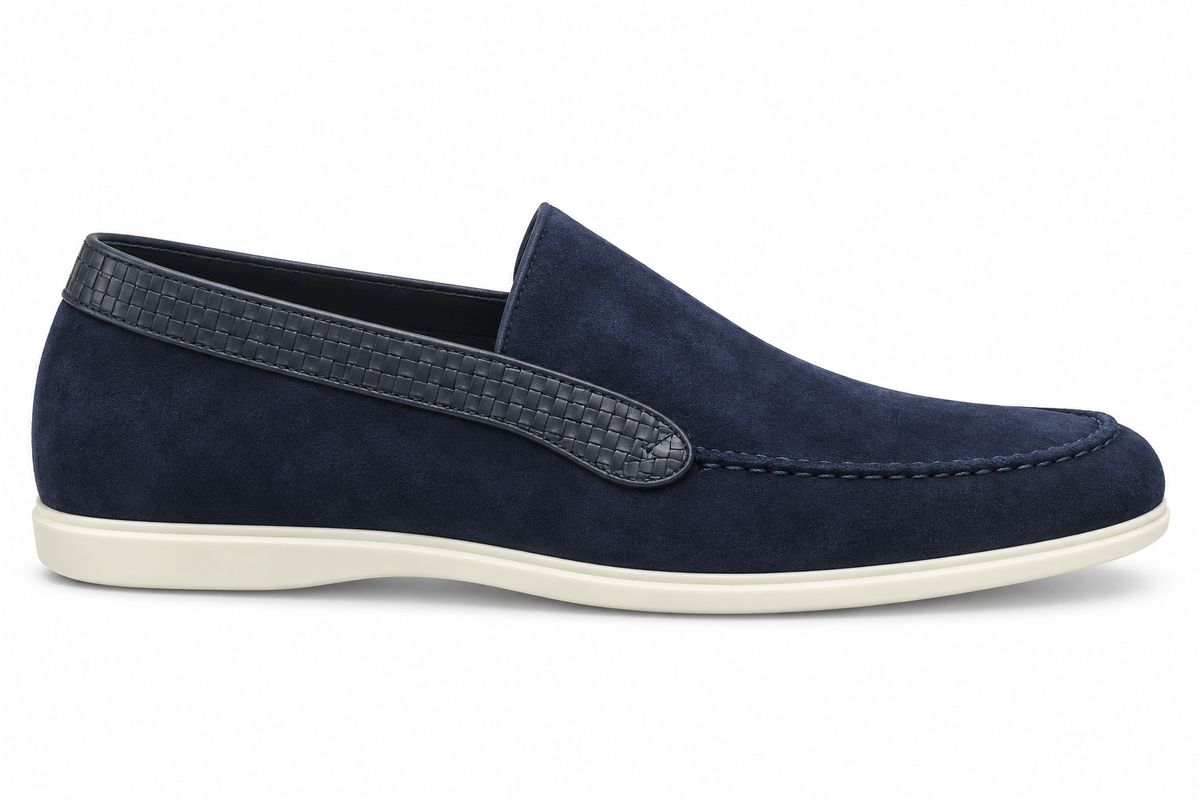 URBBANA Caspian Blue navy suede shoe with subtly raised ankle collar, side view.