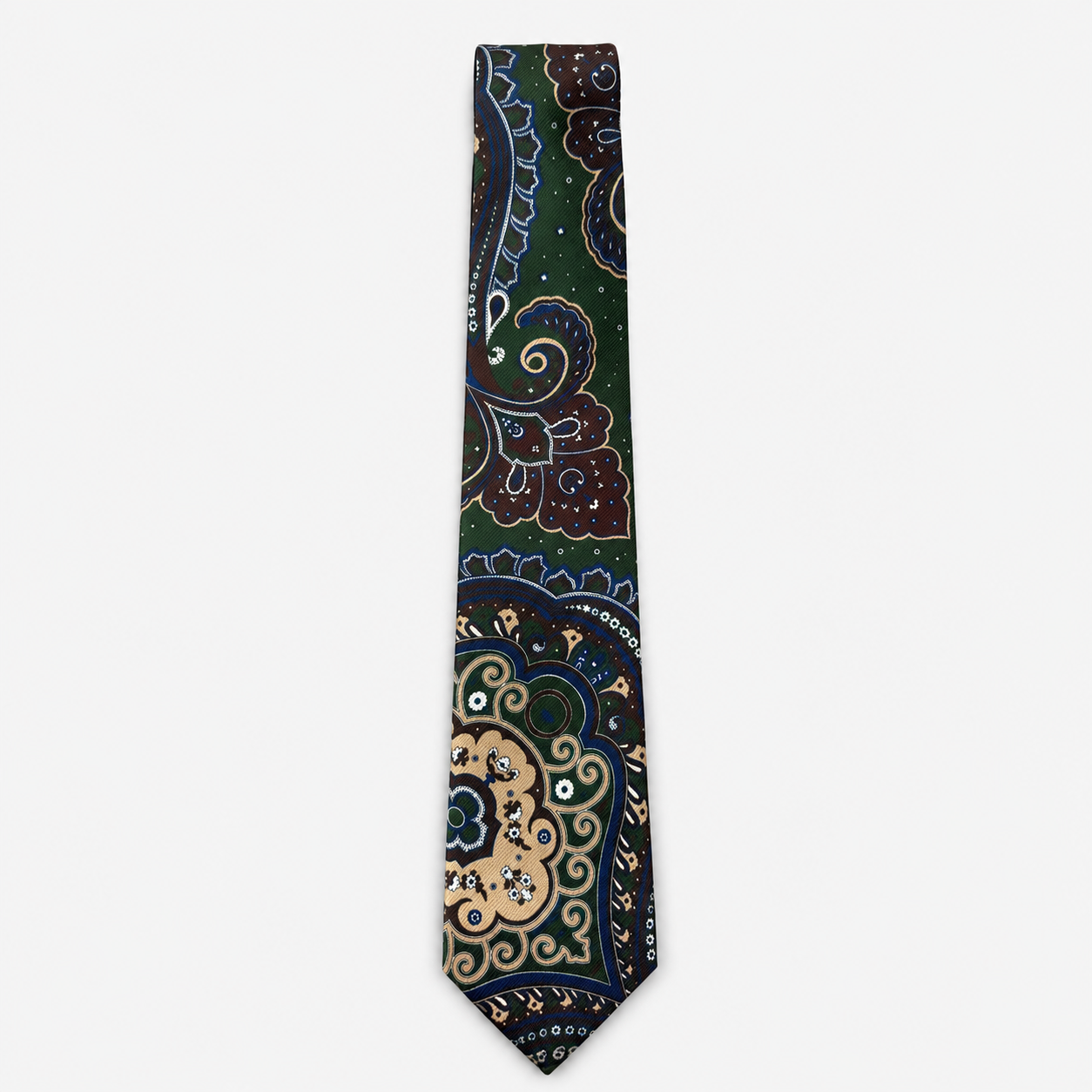 The Messina Tie – navy multicolour ornate paisley silk tie on a light grey background