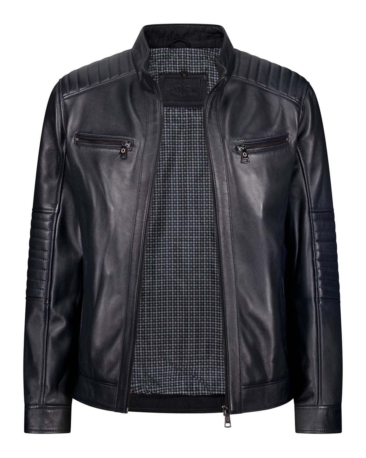 URBBANA midnight-navy cafe-racer leather jacket.