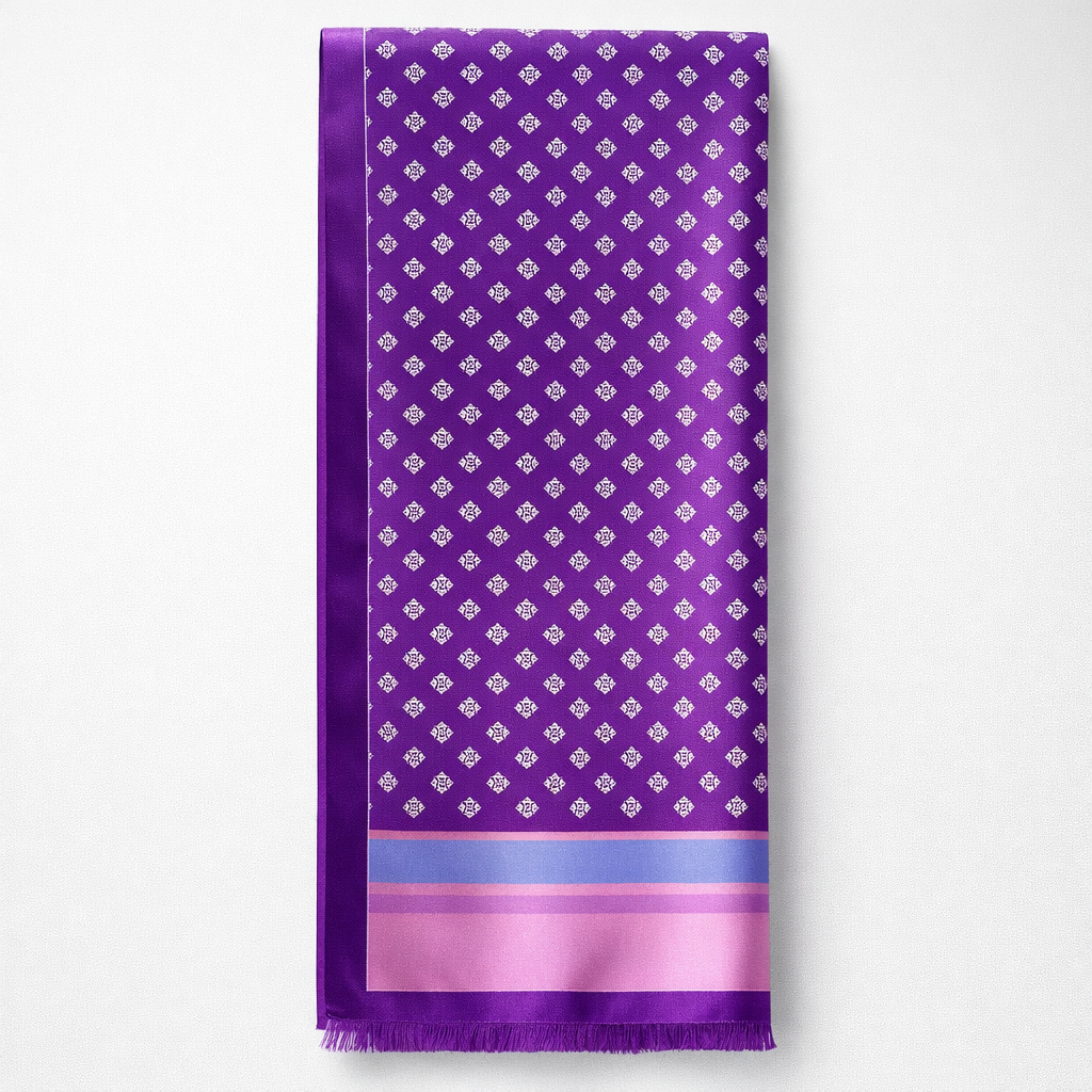 URBBANA purple patterned necktie displayed vertically on a light background.