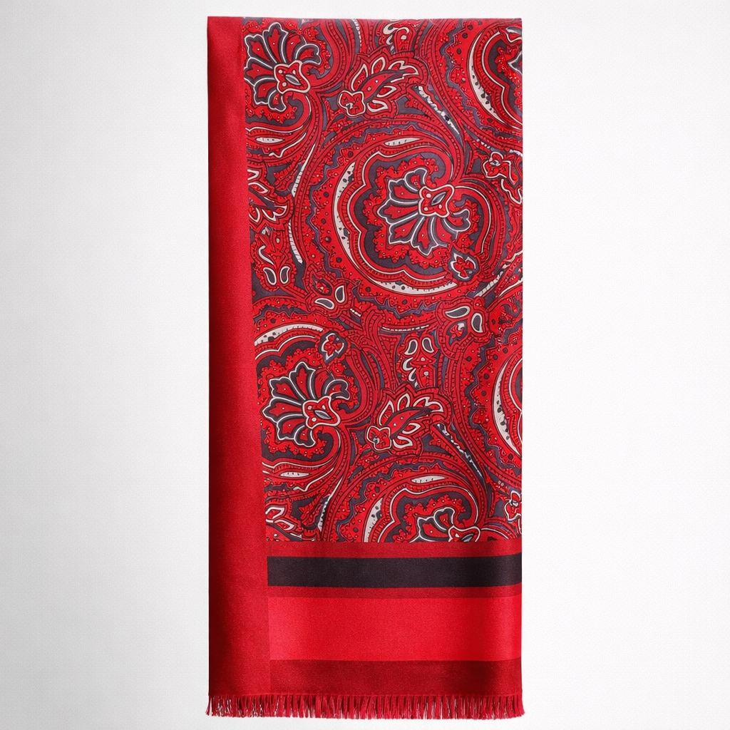 URBBANA red patterned necktie displayed vertically on a light background.