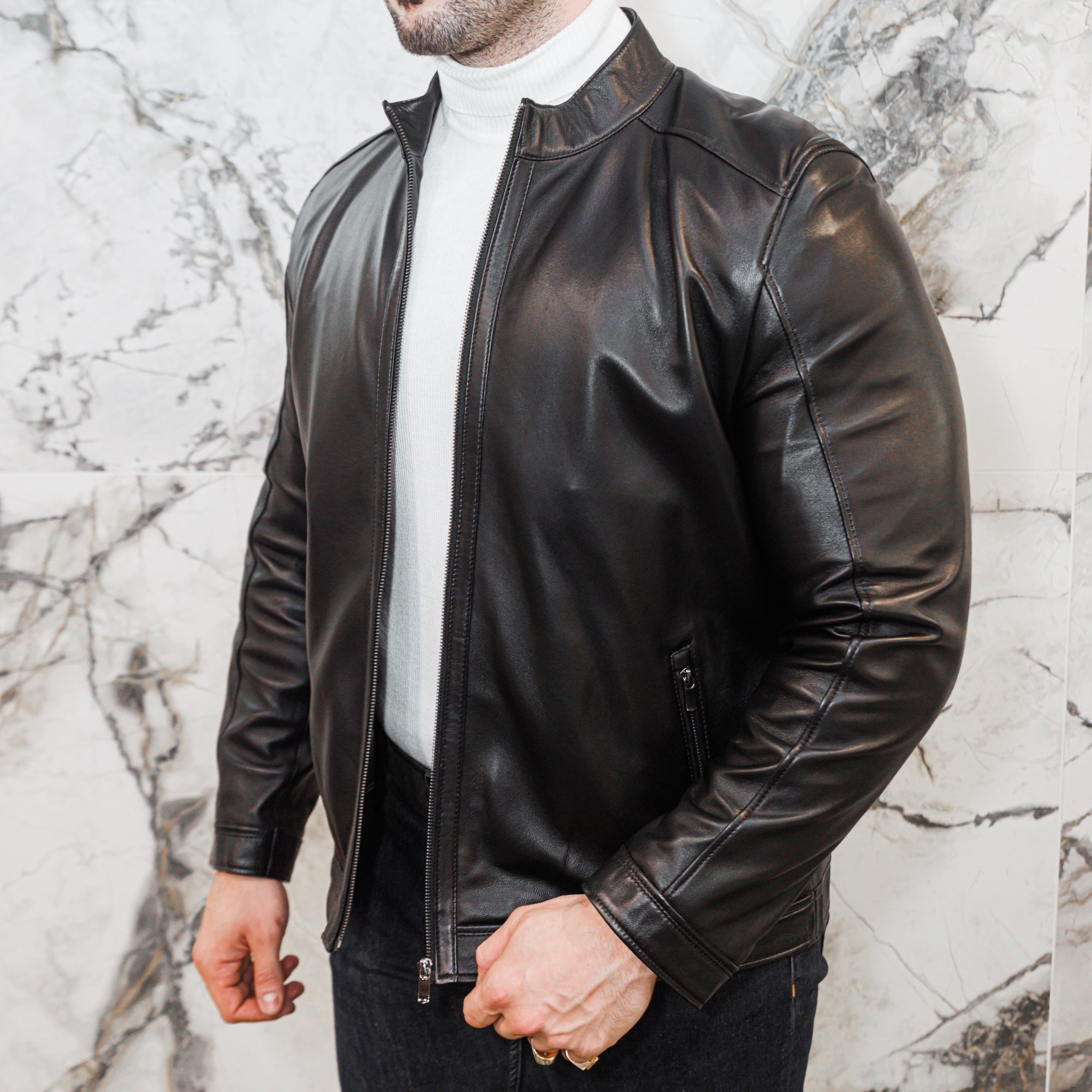 Bomber Leather Jacket - Black - Leather Jacket by Urbbana