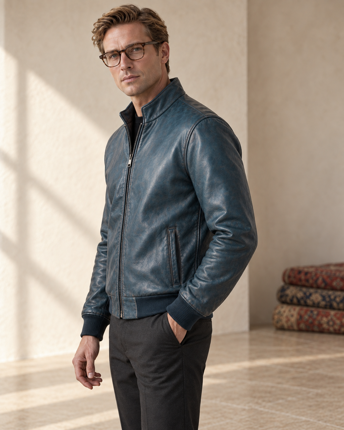 Model wearing URBBANA’s Teal Patina Lambskin Bomber