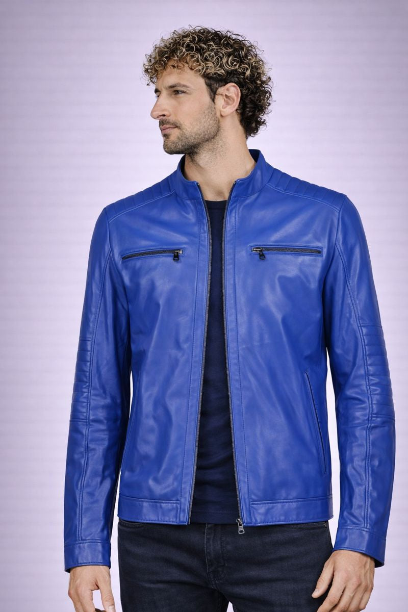 Cafe Racer Leather Jacket - Blue