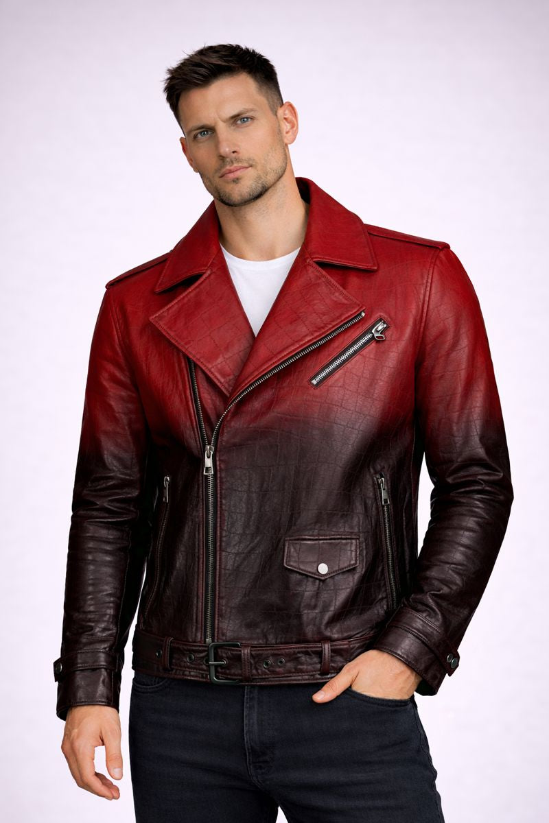 Biker Leather Jacket Croc Embossed  - Red &amp; Burnt Mahogany