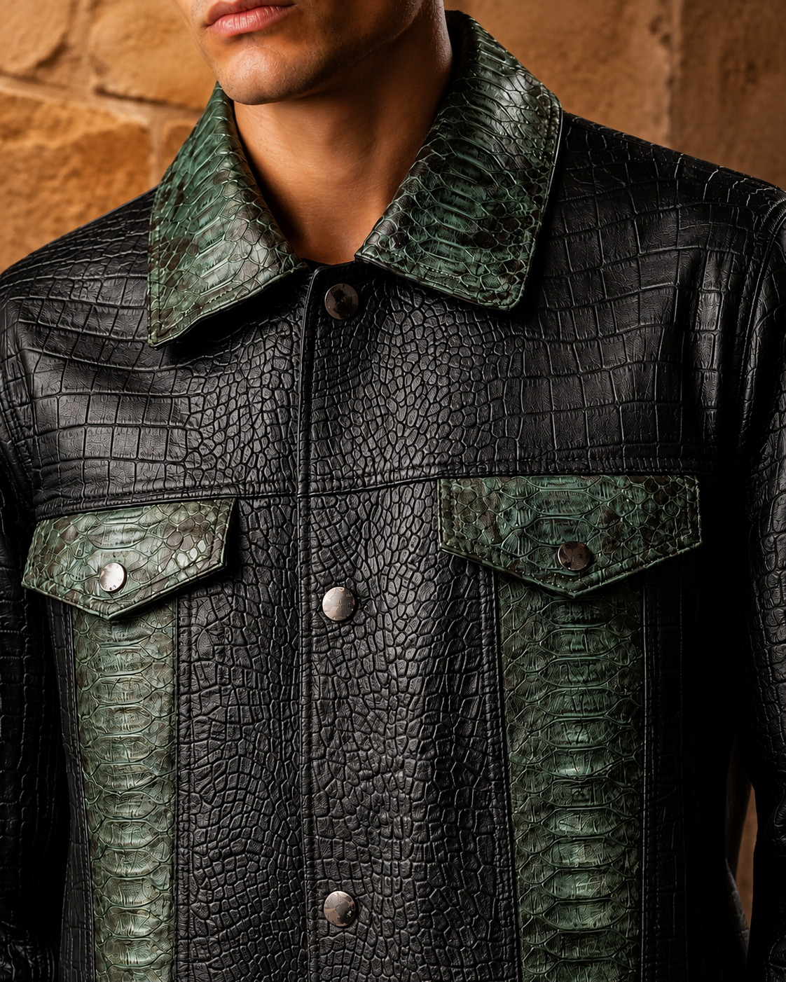 Presley Leather Jacket MTO - Black &amp; Sage Python