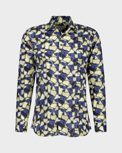 Art deco-inspired blue and yellow shirt