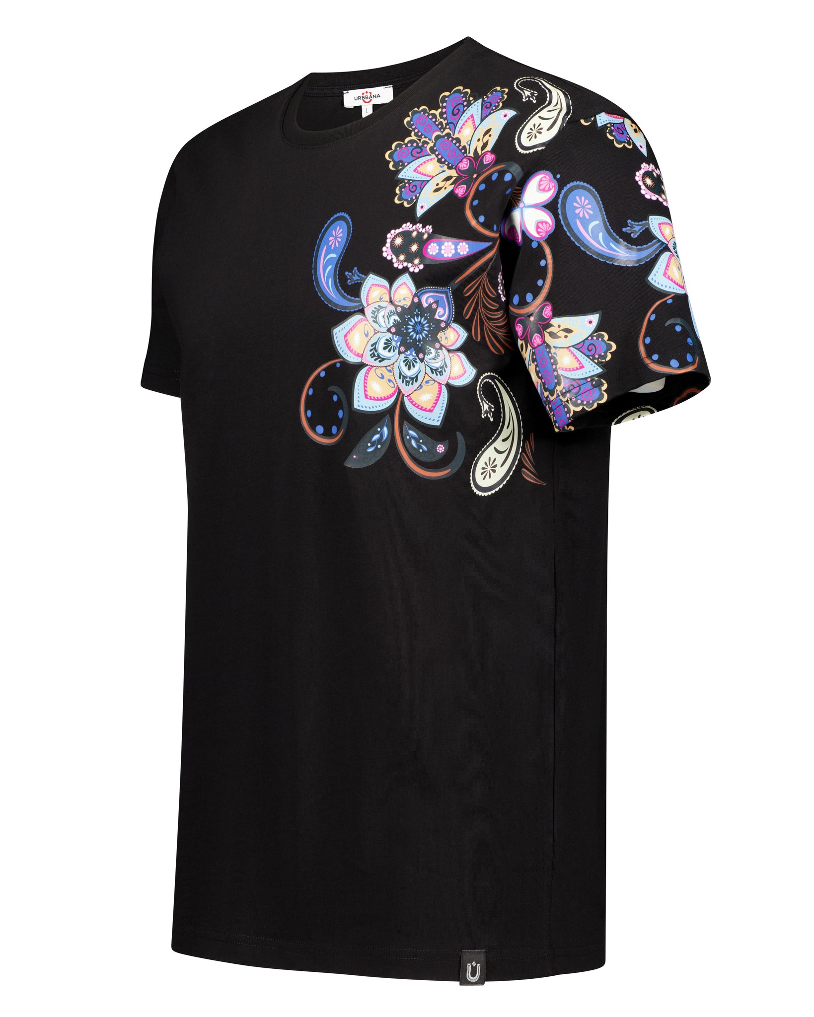 Fine Cotton T-shirt with Shoulder Paisley Print - Black