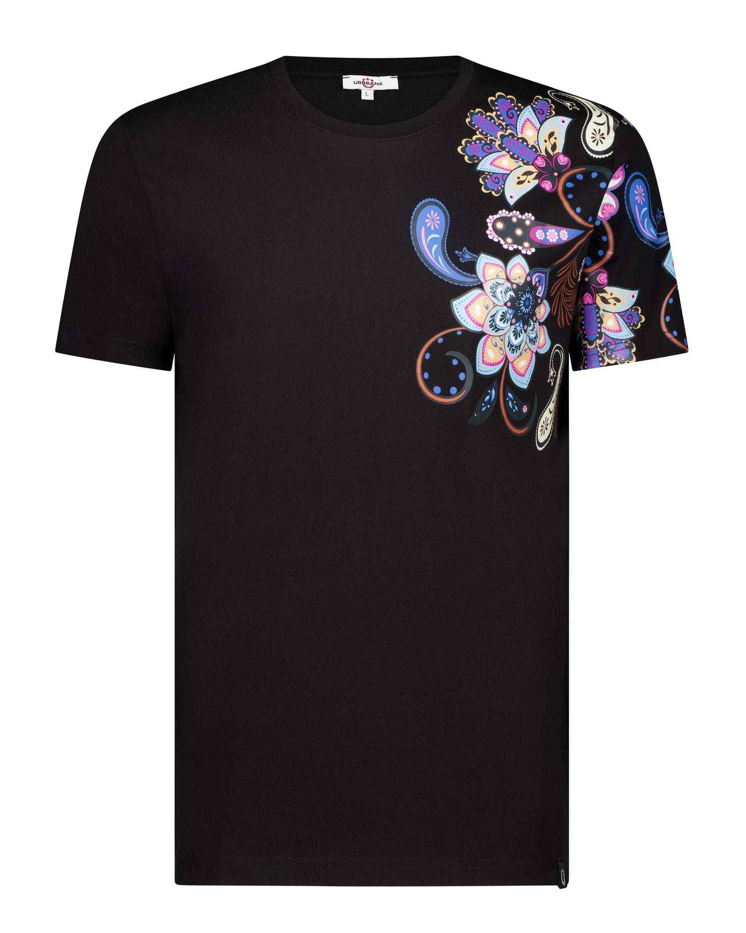 Fine Cotton T-shirt with Shoulder Paisley Print - Black