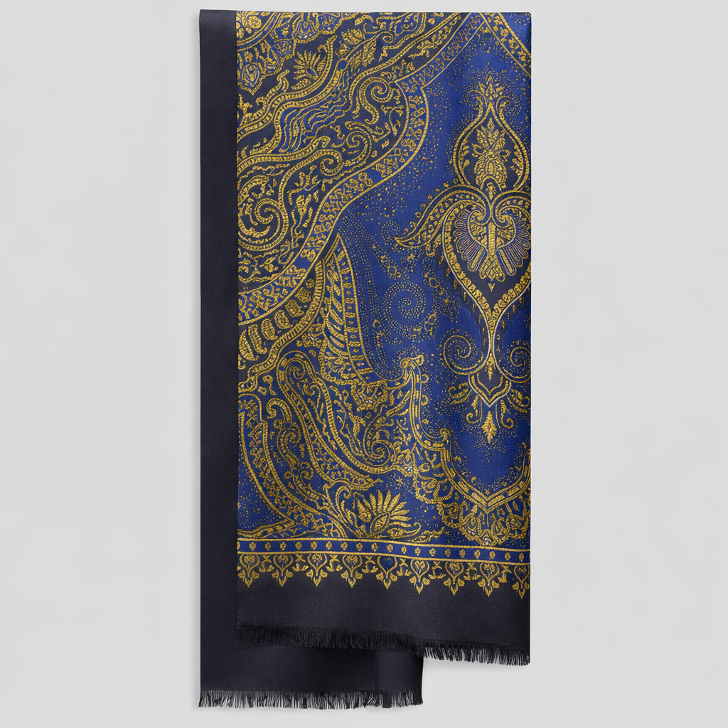 The Florence Silk Scaf - Navy &amp; Gold