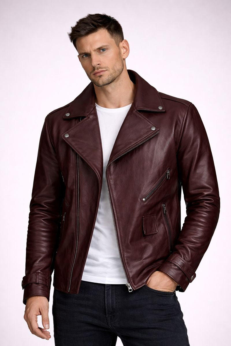 Biker Leather Jacket - Burgundy