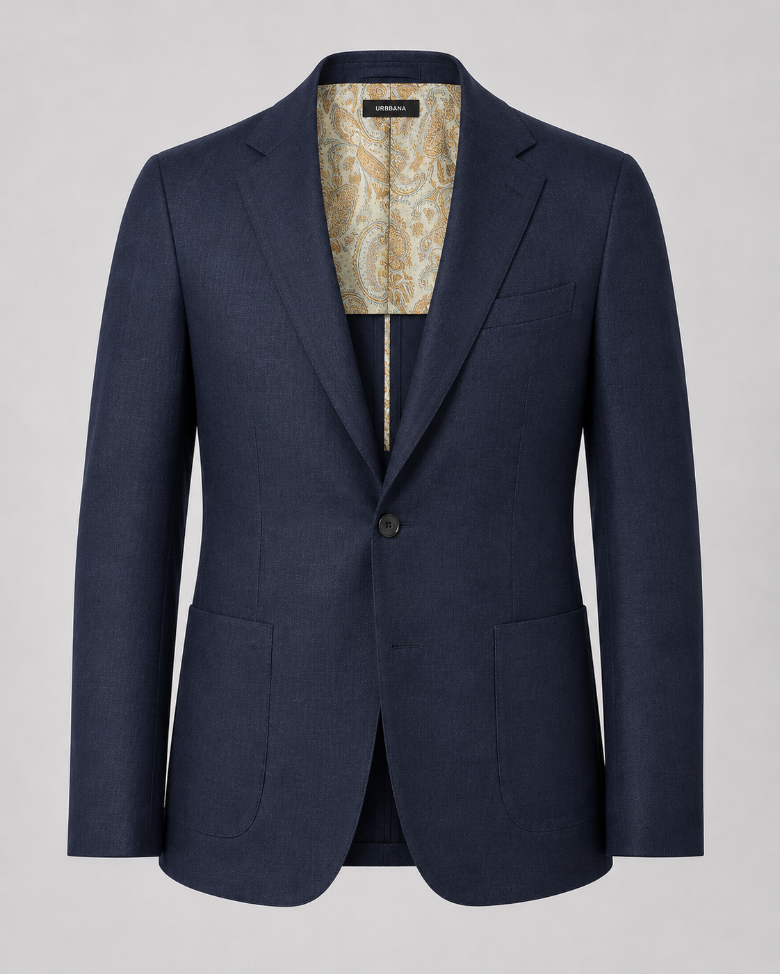 A navy blue single-breasted suit jacket with notch lapels and a two-button closure, featuring a patterned beige and gold paisley lining visible inside the collar, set against a solid gray background.