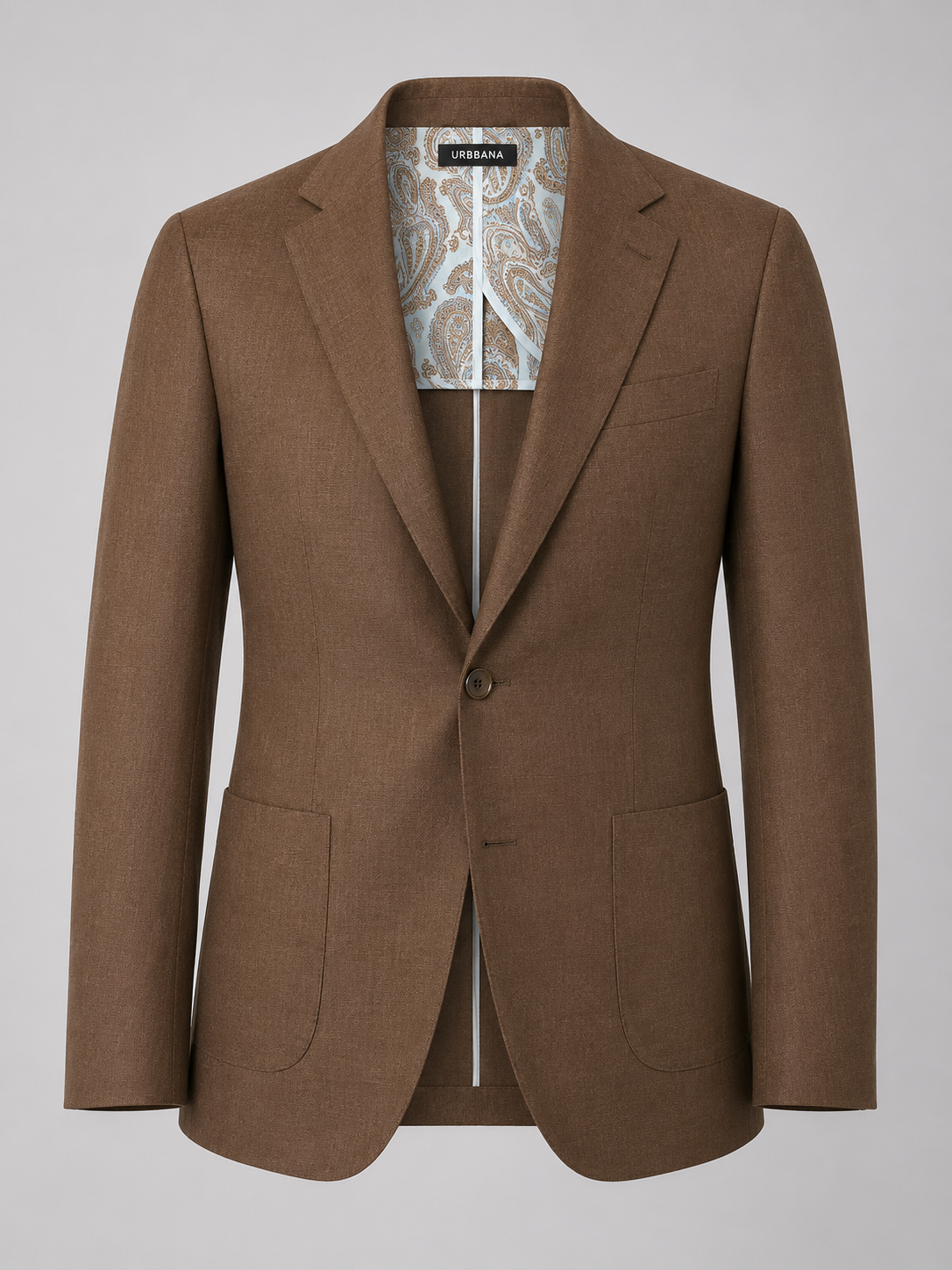 A brown tailored blazer with notch lapels, a single front button, and two front patch pockets, shown on a light gray background. The inner collar reveals a patterned lining and a visible LORRAIN brand label.