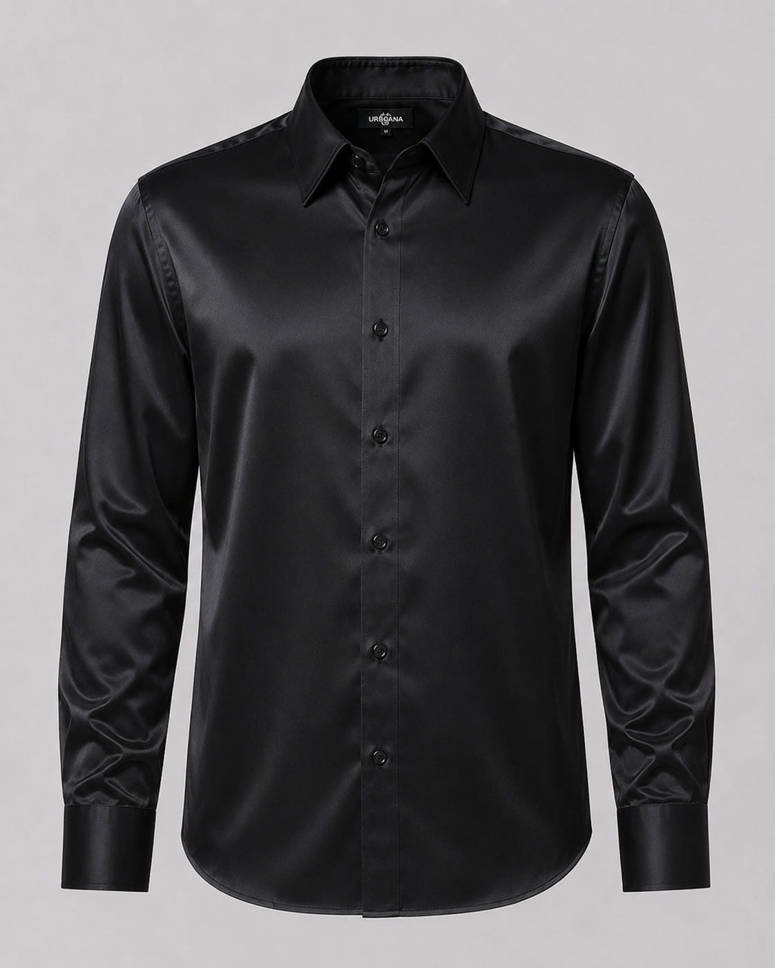 A black long-sleeve button-down shirt with a satin-like sheen, displayed on a neutral gray background.