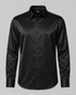 A black long-sleeve button-down shirt with a satin-like sheen, displayed on a neutral gray background.