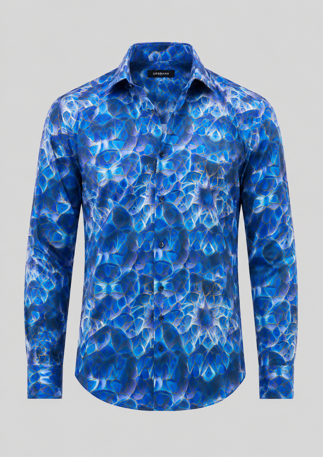 Voltaire shirt with a vivid blue abstract print, shown from the front.