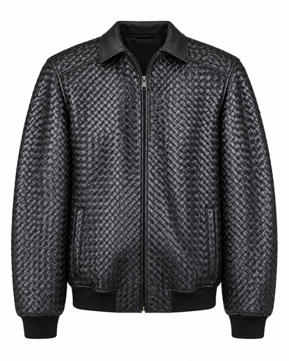 Black fully braided leather bomber jacket front view