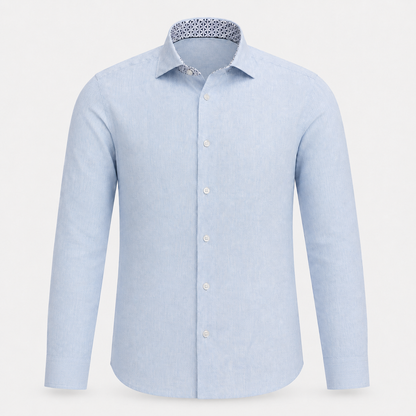 The Byblos linen shirt in blue – ghost mannequin with closed cuffs
