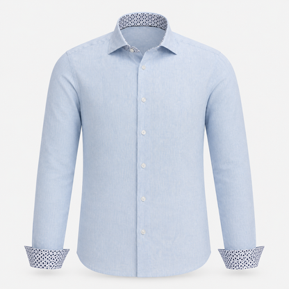 The Byblos linen shirt in blue – ghost mannequin front view