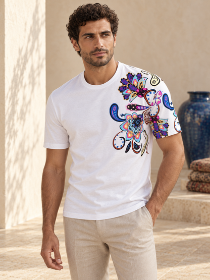 Model wearing Fine Cotton T-shirt with Shoulder Paisley Print White