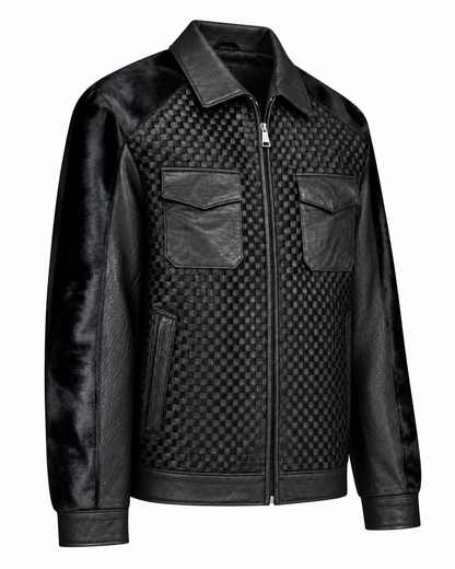 Black pocketed horsehair leather jacket left three-quarter view