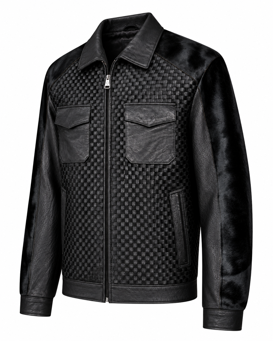 Black pocketed horsehair leather jacket right three-quarter view