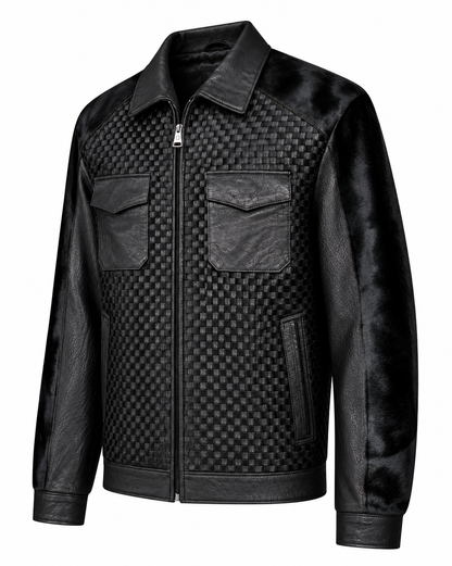 Black pocketed horsehair leather jacket right three-quarter view