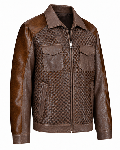 Cognac brown pocketed horsehair leather jacket right three-quarter view