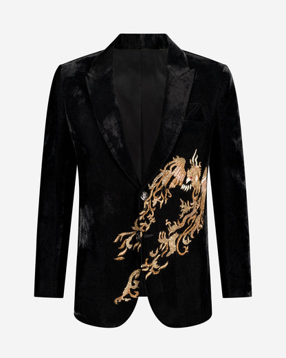 Phoenix Ceremony Jacket — luxurious jacquard jacket with intricate crystal‑beaded embroidery in rich tones, ideal for weddings and black‑tie events