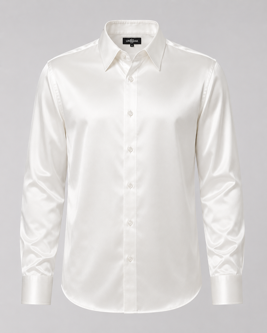 A white long-sleeve button-down shirt with a classic collar, displayed on a neutral gray background.