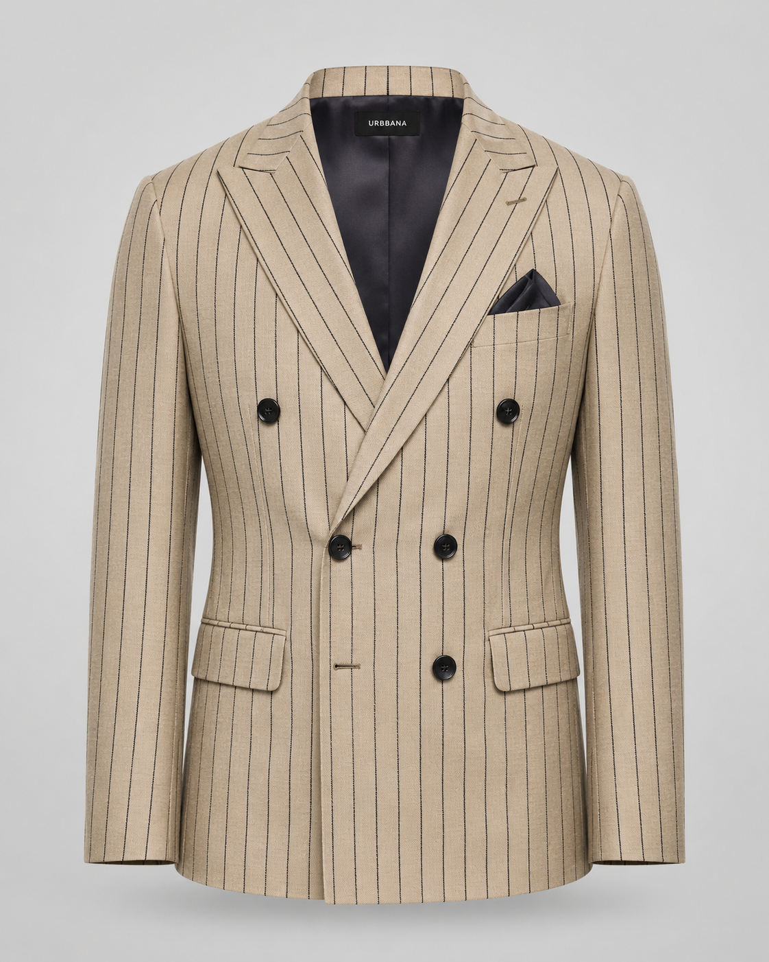 Beige and brown Bowen double-breasted pinstripe blazer with peak lapels.