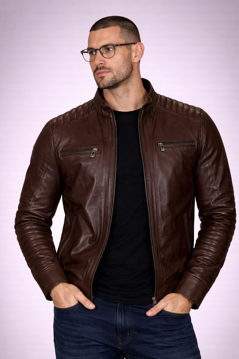 URBBANA Cafe Racer Leather Jacket Chocolate Brown.