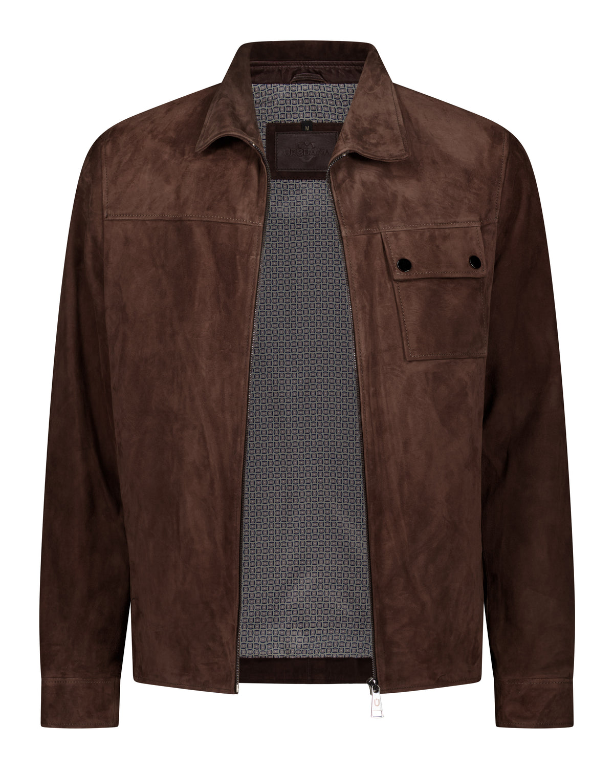 URBBANA camel one-pocket suede trucker jacket.