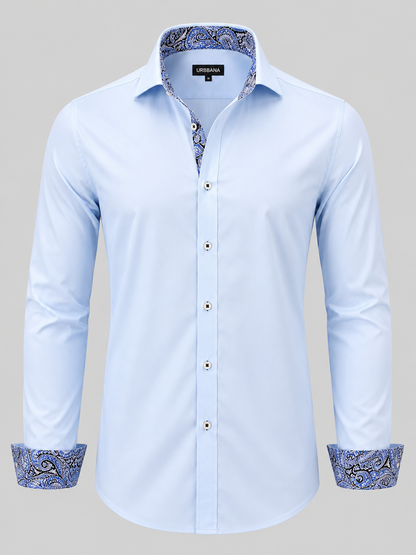 Light blue Dawson shirt with blue paisley collar and turned-back cuffs.